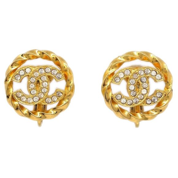 Chanel Gold Button Earrings Clip-On Rhinestone 2137 124549 - Picture 1 of 4